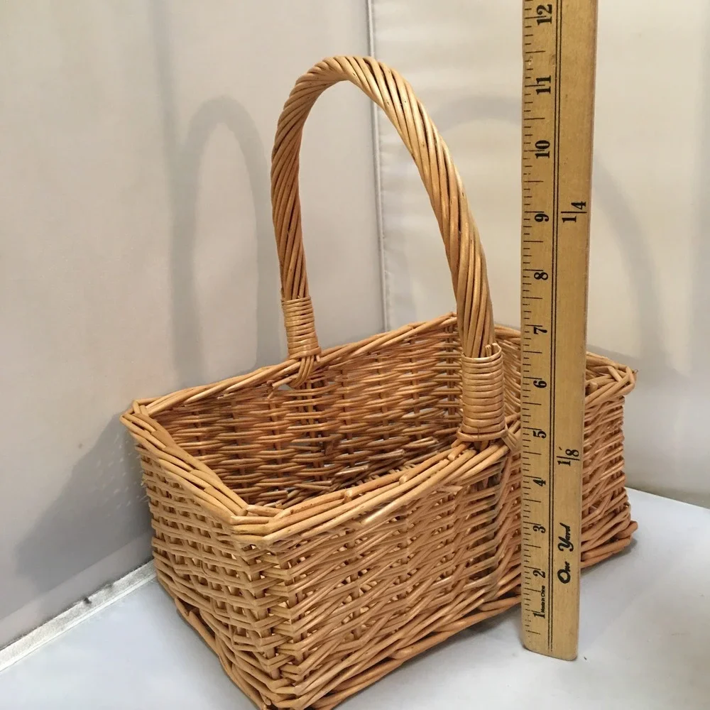 Wicker Basket Unisex Medium Tan Rectangular Woven Willow with Handle Cottagecore